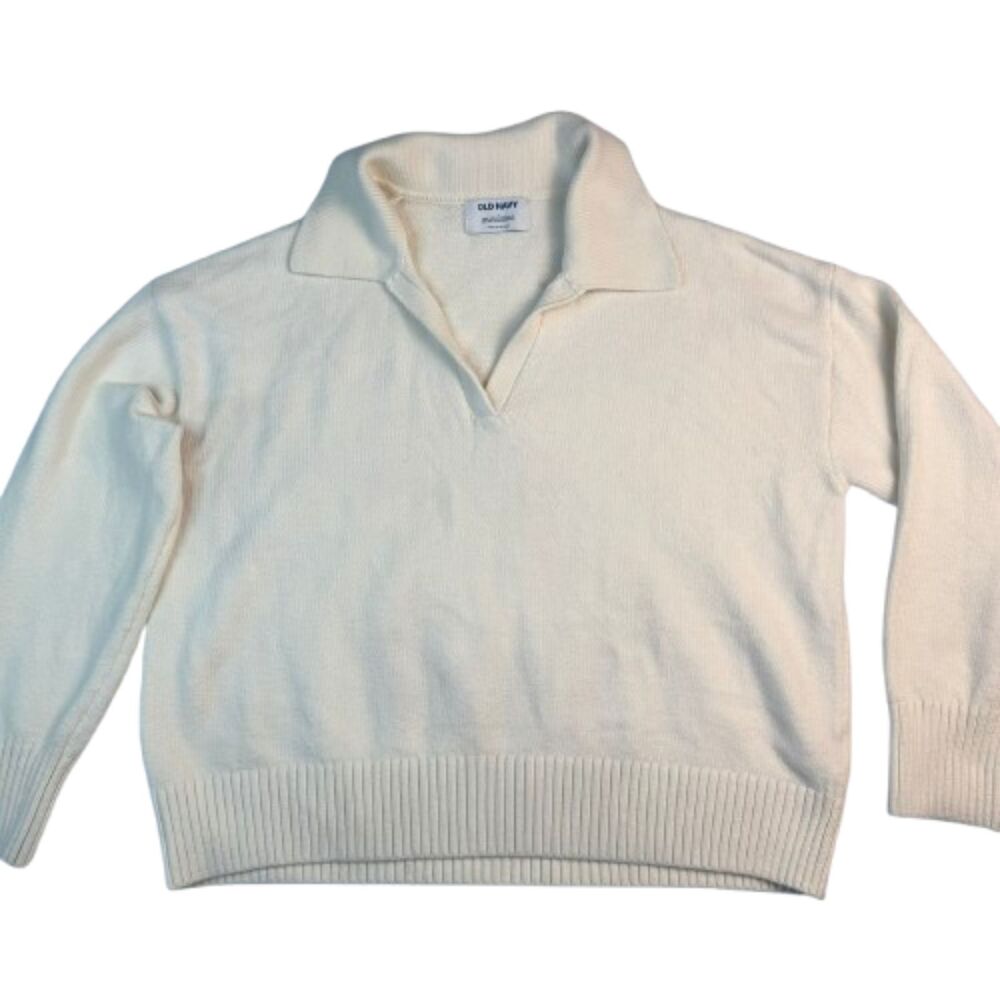 Old Navy Women's Off-White Collared V Neck Knit Sweater Pullover Top Size L